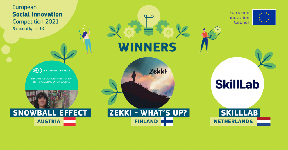 Logos of the winning companies - Snowball, Zekki and Skillab