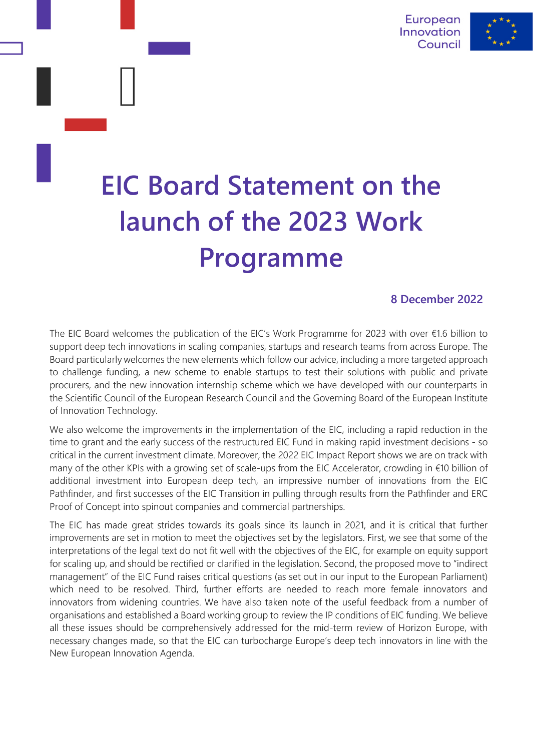 EIC Board Statement on the launch of the 2023 Work Programme