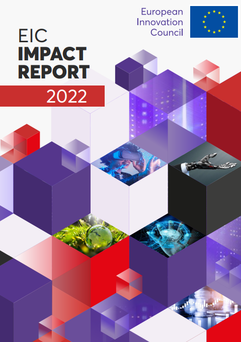 Cover of the Impact report -  robotic hand, 3D glasses, chart of stock exchange on mosaic of abstract shapes